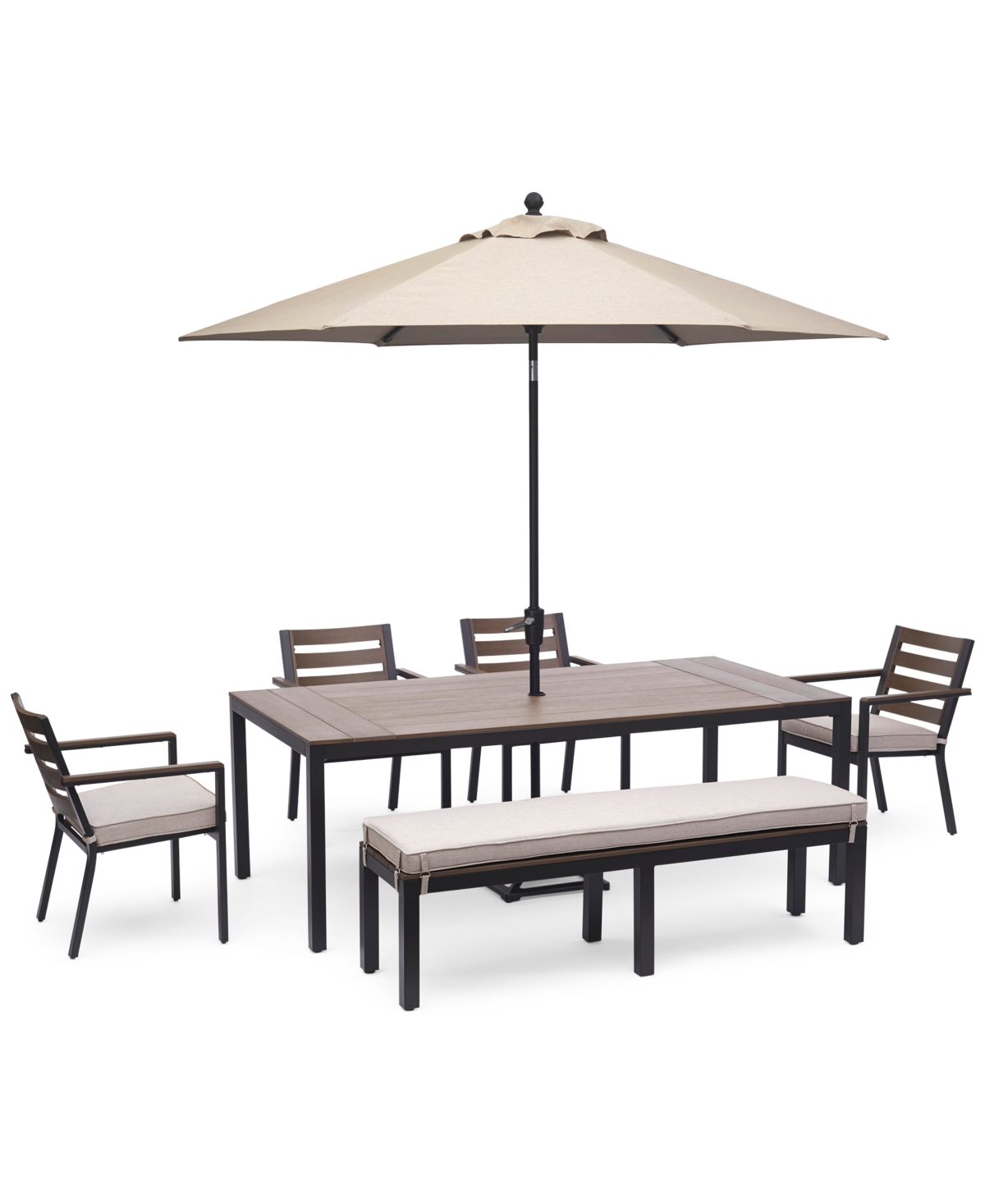 Agio Stockholm Outdoor Aluminum 6-pc. Dining Set (84" X 42" Rectangle Dining Table, 4 Dining Chairs & Ben In Sunbrella Cast Ash