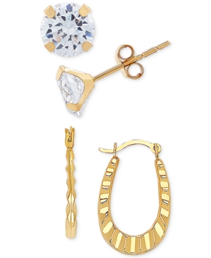 Macy's 2-pc. Set Cubic Zirconia Stud & Ruffle Oval Hoop Earrings In 10k Gold In Yellow Gold