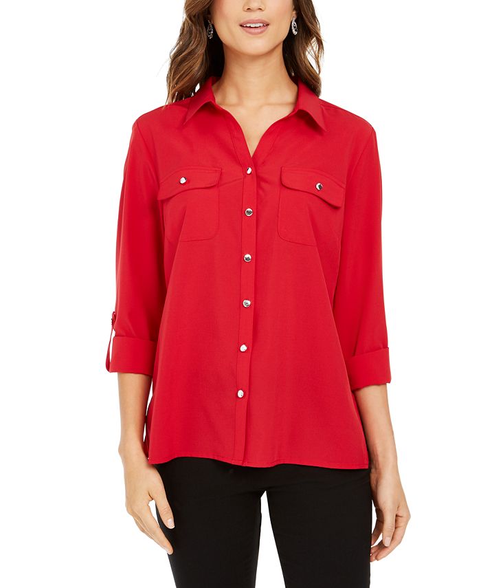 NY Collection Split-Neck Roll-Tab Blouse - Macy's
