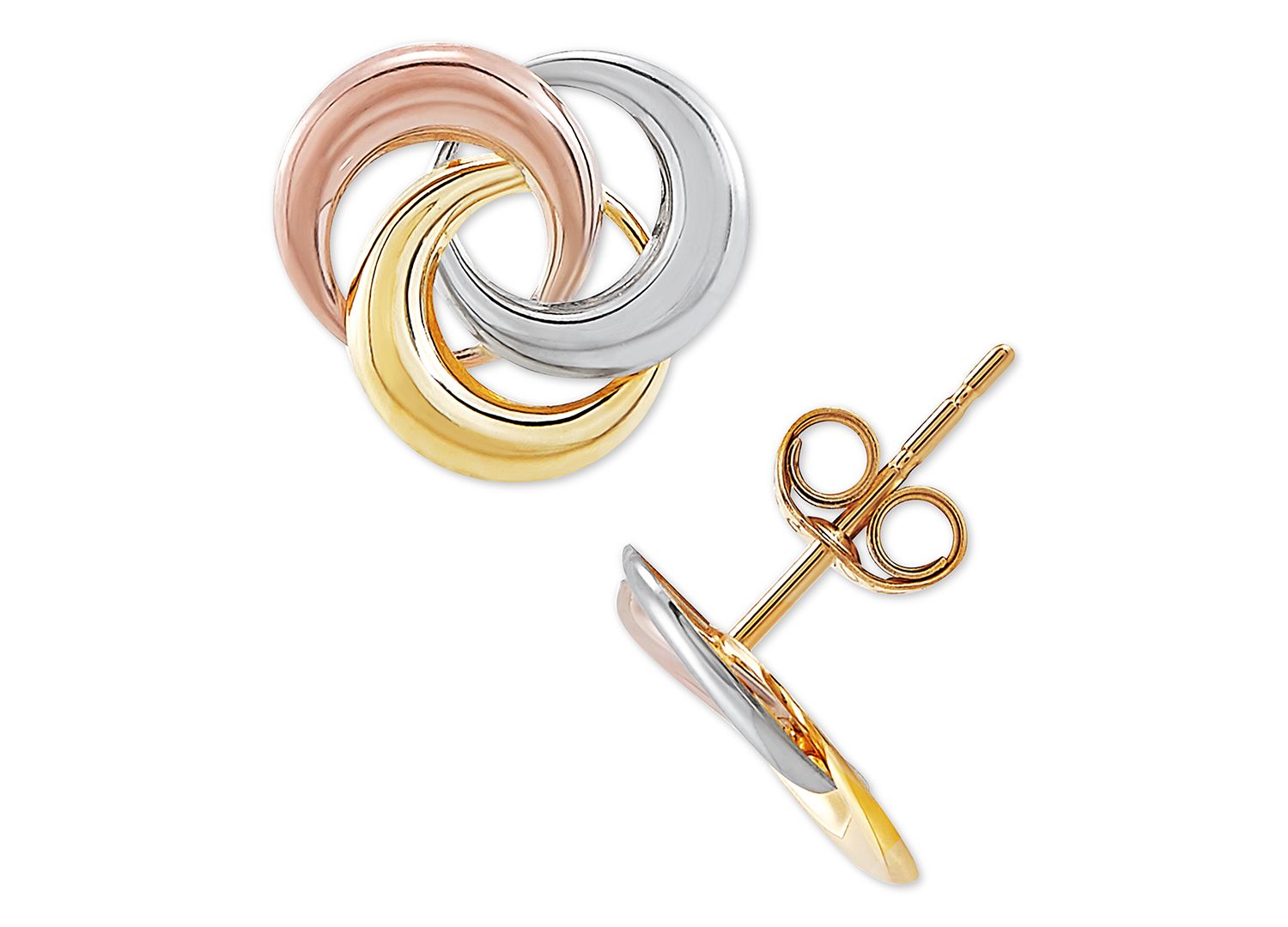 Tricolor Love Knot Stud Earrings in 10k Gold, White Gold & Rose Gold