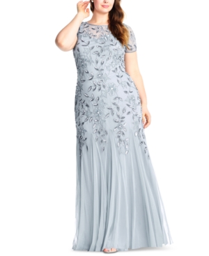 Adrianna Papell Embellished Mesh Gown In Blue Heather