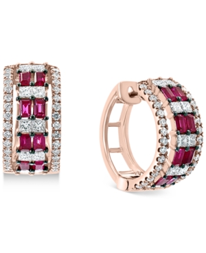 image of Effy Certified Ruby (3/4 ct. t.w.) & Diamond (1-1/8 ct.t.w.) Small Hoop Earrings in 14K Rose Gold