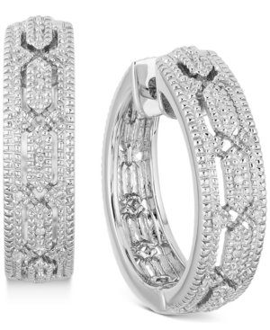 image of Diamond Milgrain Openwork Small Hoop Earrings (1/10 ct. t.w.) in Sterling Silver, 0.9