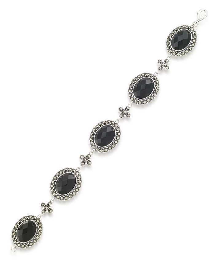 Macy's - Marcasite and Faceted Onyx Oval 7.25" Link Bracelet in Sterling Silver