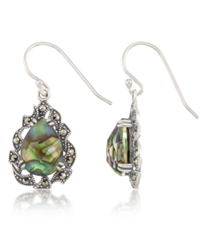 image of Marcasite and Abalone Doublet Teardrop Wire Earrings in Sterling Silver