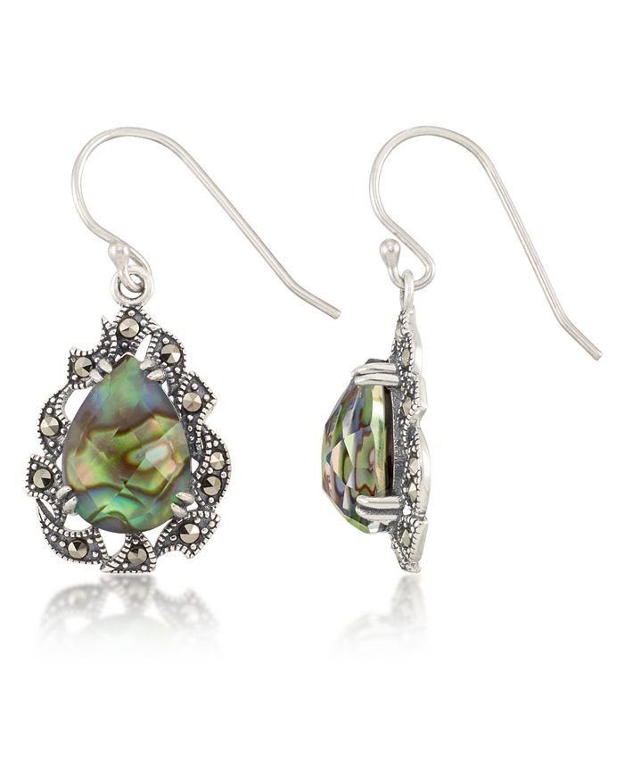 Macy's - Marcasite and Abalone Doublet Teardrop Wire Earrings in Sterling Silver