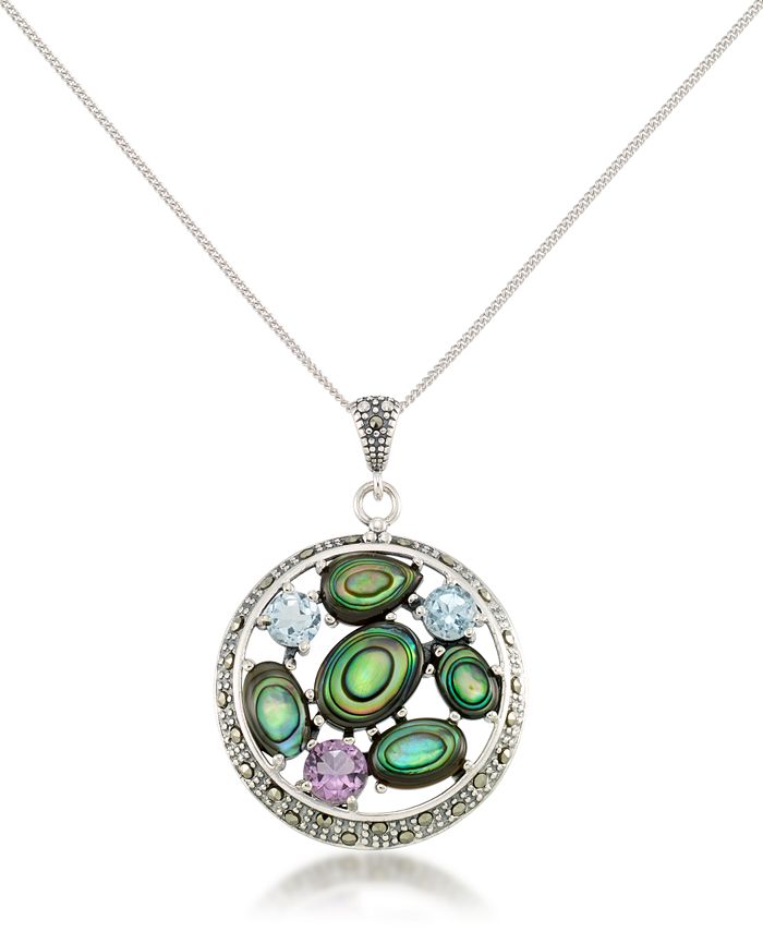 Macy's - Marcasite, Amethyst (3/8 ct. t.w.), Abalone (5-1/3 ct. t.w.) and Blue topaz (5/8 ct.t.w.) Round Pendant + 18" Chain in Sterling Silver