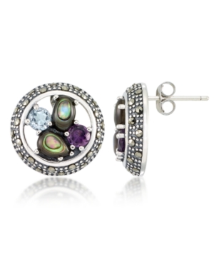 image of Marcasite, Amethyst (3/8 ct. t.w.) , Abalone (1-1/2 ct. t.w.) and Blue topaz (5/8 ct. t.w.) Round Post Earrings in Sterling Silver