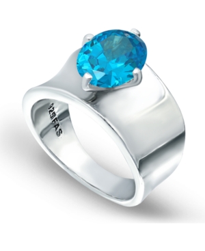 image of Light Blue Zircon Prong Set Oval Stone on Polished Cigar Band in Fine Silver Plate