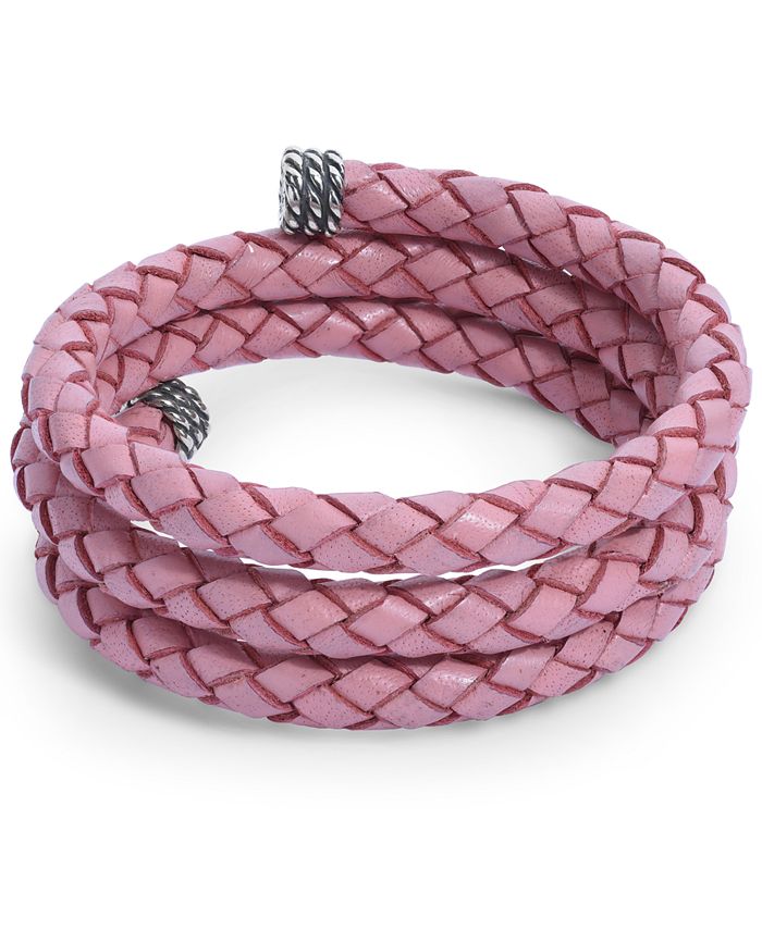 American West - Pink Braided Leather Wrap Bracelet in Sterling Silver