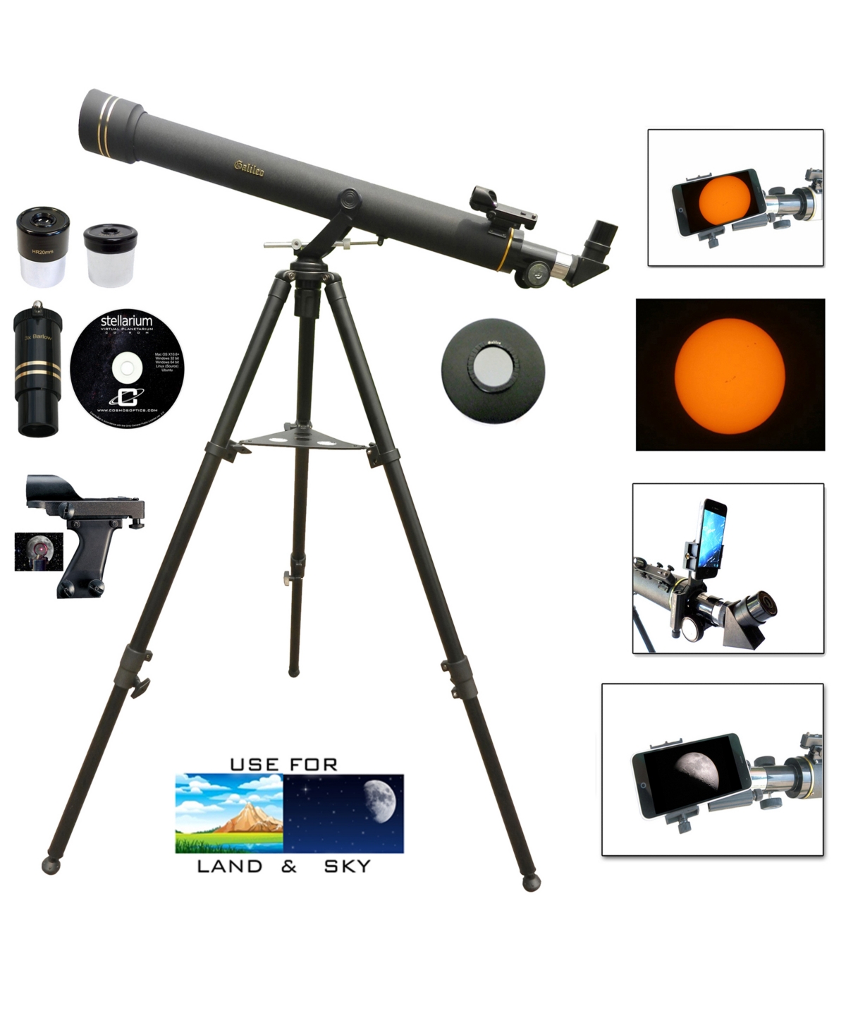 Galileo 800mm X 72mm Day And Night Refractor Telescope Kit With Solar Filter Caps In Black