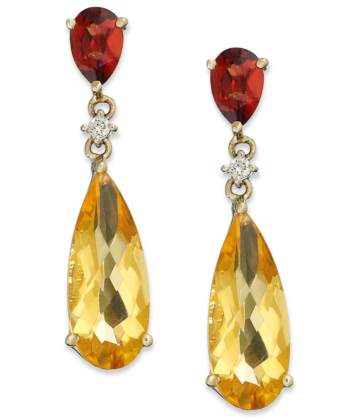 Macy's 14k Gold Earrings, Citrine (5 Ct. T.w.), Garnet (1 Ct T.w.) And Diamond Accent Pear Drop Earrings In Multi