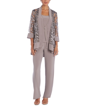 R & M Richards 3-pc. Sequinned Jacket, Necklace Tank Top & Pants Set In Champagne