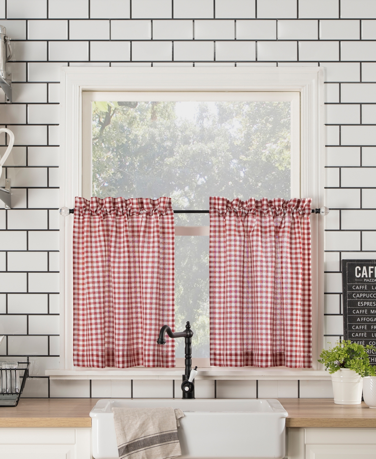 Kate Aurora Complete 3 Piece Country Farmhouse Plaid Gingham Black & White  Buffalo Check Kitchen Curtain Tier & Valance Set - 36 in. Long