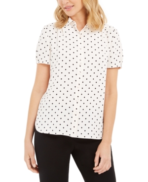 ANNE KLEIN DOT-PRINT BUTTON-UP SHORT-SLEEVE BLOUSE