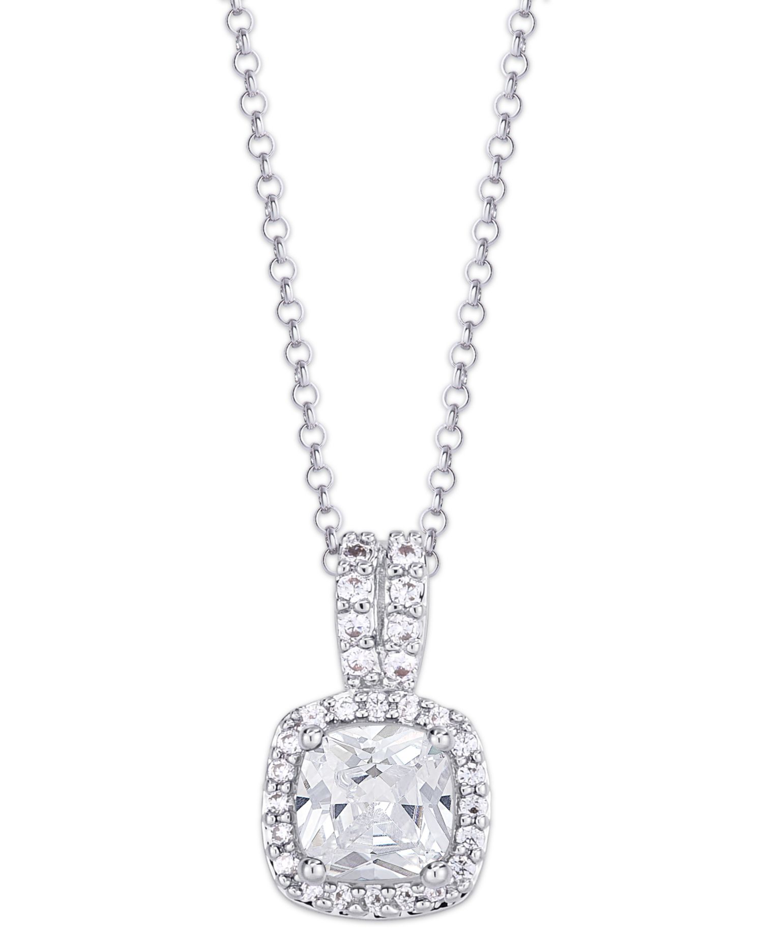 Birthstone Cushion Halo Pendant Necklace in Silver Plate