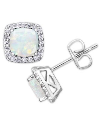 Birthstone Cushion Halo Solitaire Stud Earrings in Silver Plate