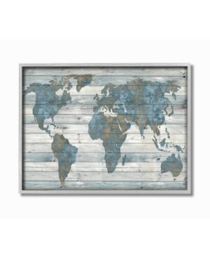 Stupell Industries Slate Blue and Tan Rustic Planked Look Weathered World Map Gray Framed Texturized Art 11