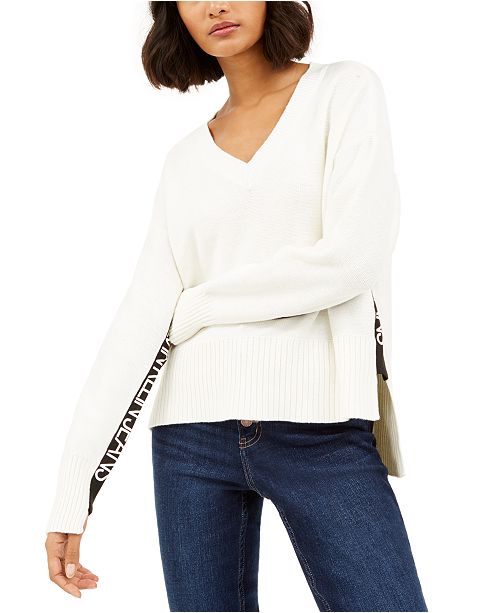 Calvin Klein Jeans Logo Trim High Low Sweater Reviews Sweaters Juniors Macy S