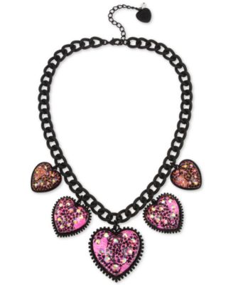 Betsey Johnson - Black-Tone Crystal Glitter Heart Statement Necklace, 19" + 3" extender