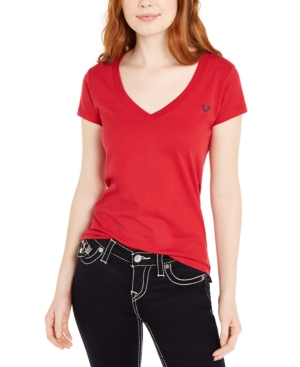 True Religion Logo-v-neck Short-sleeve T-shirt In Ruby Red