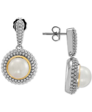 image of Cultured Freshwater Button Pearl (8mm) Beaded Drop Earrings in Sterling Silver & 14k Gold
