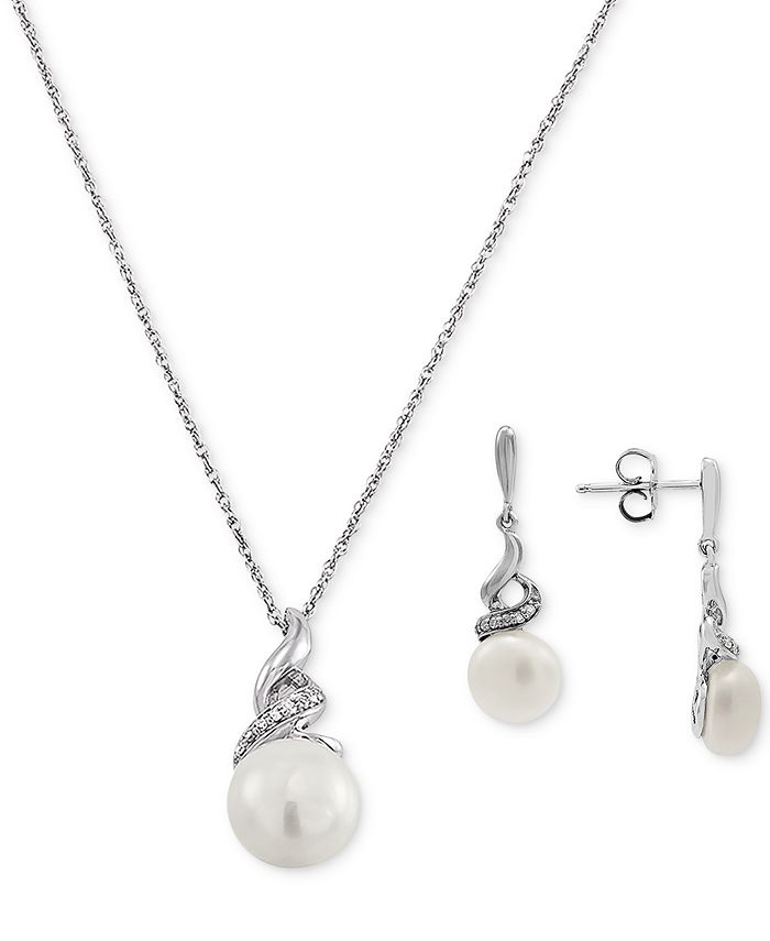 Macy's - 2-Pc. Set Cultured Freshwater Pearl (8 & 9mm) & Diamond (1/10 ct. t.w.) Pendant Necklace & Matching Drop Earrings in Sterling Silver