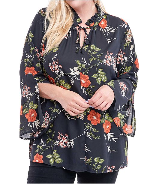 Fever Plus Size Floral Print Tie Neck Tunic Reviews Tops