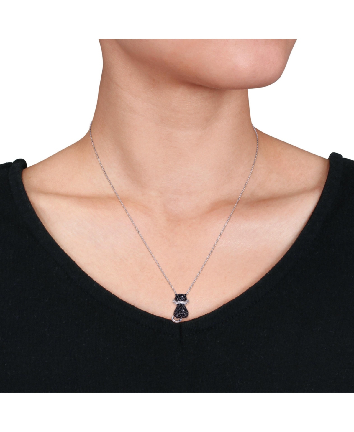 MACY'S BLACK SPINEL (2 1/3 CT. T.W.) AND LAB GROWN WHITE SAPPHIRE ACCENT KITTY CAT NECKLACE IN STERLING SIL 