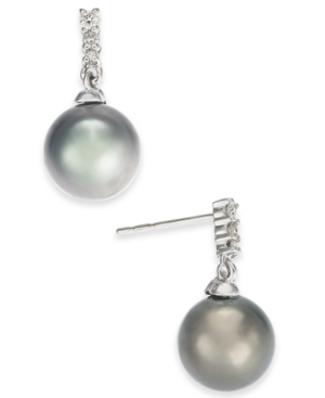 image of Cultured Tahitian Pearl (8mm) & Diamond (1/10 ct. t.w.) Drop Earrings in 14k White Gold