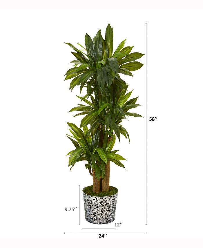 Nearly Natural - 58in. Corn Stalk Dracaena Artificial Plant in Black Embossed Tin Planter Real Touch