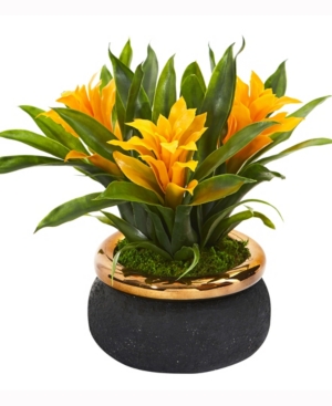 NEARLY NATURAL 11IN. BROMELIAD ARTIFICIAL PLANT IN STONEWARE PLANTER 