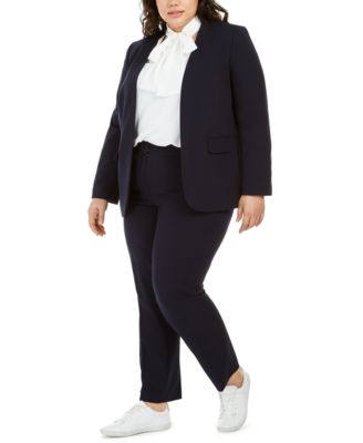 Shop Bar Iii Trendy Plus Size Open Front Blazer Tie Neck Blouse Ankle Pants Created For Macys In Black