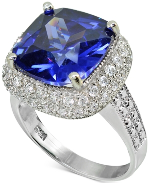 image of Cubic Zirconia Blue Cushion Halo Statement Ring in Sterling Silver