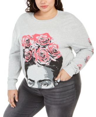 Love Tribe Women's Trendy Plus Size Frida Roses Long-Sleeve Cropped T