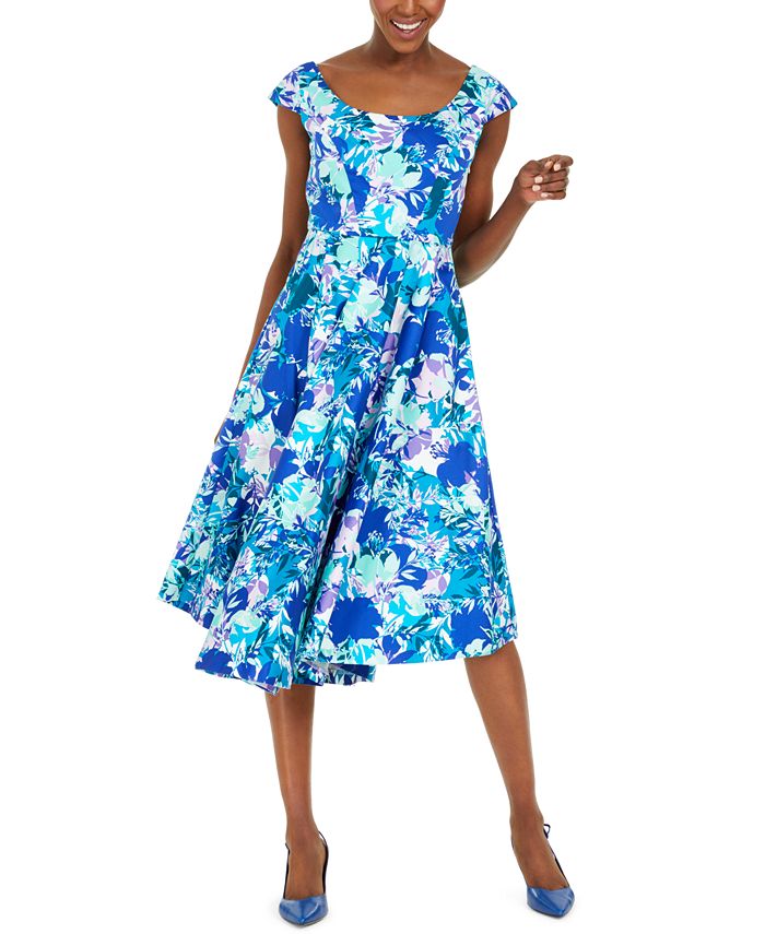 Calvin klein floral print fit outlet and flare dress