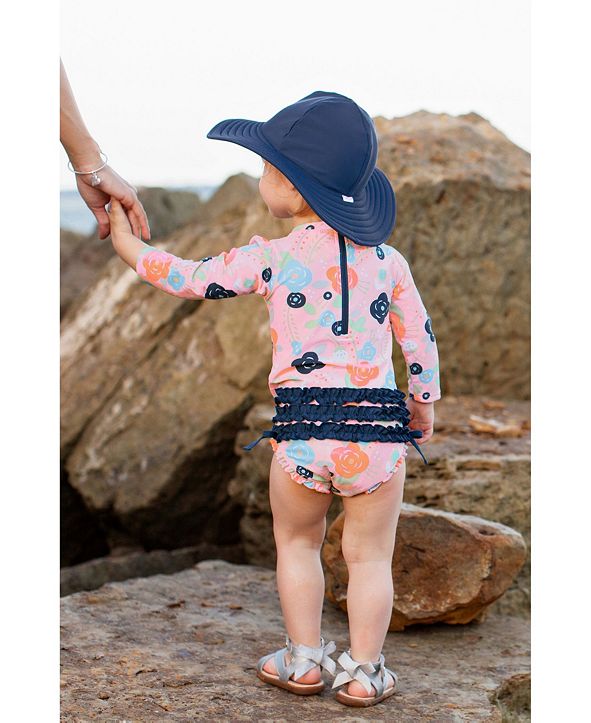 RuffleButts Toddler Girls Long Sleeve Rash Guard Swimsuit Swim Hat Set