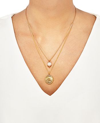 Macy's - Cultured Freshwater Pearl (9mm) & Coin Double Layer 18" Pendant Necklace in 14k Gold-Plated Sterling Silver