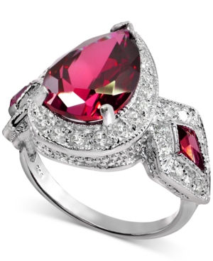 image of Cubic Zirconia Red Teardrop Halo Statement Ring in Sterling Silver