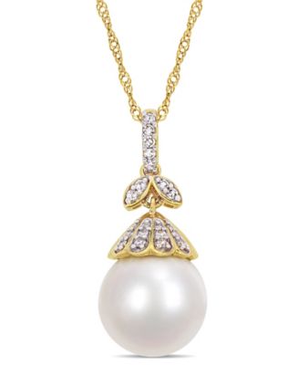 Macy's - South Sea Cultured Pearl (10-10.5mm) and Diamond (1/10 ct. t.w.) Vintage 17" Necklace in 14k Yellow Gold