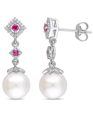 image of Freshwater Cultured Pearl (8.5-9mm), Ruby (1/7 ct. t.w.) and Diamond (1/10 ct. t.w.) Drop Earrings in 10k White Gold