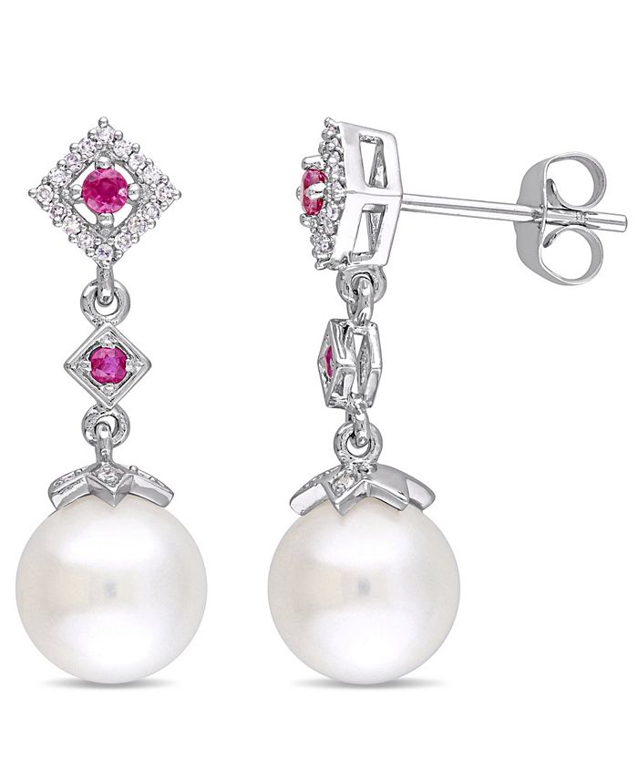 Macy's - Freshwater Cultured Pearl (8.5-9mm), Ruby (1/7 ct. t.w.) and Diamond (1/10 ct. t.w.) Drop Earrings in 10k White Gold