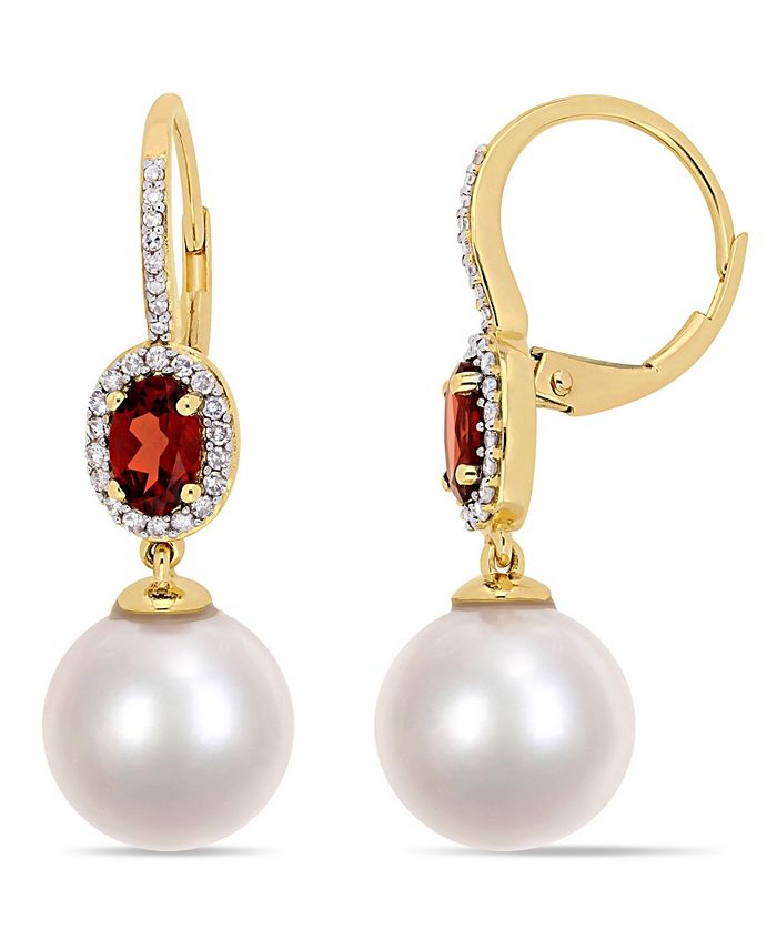Macy's - Freshwater Cultured Pearl (11-12mm), Garnet (1 1/10 ct. t.w.) and Diamond (1/4 ct. t.w.) Oval Drop Earrings in 10k Yellow Gold