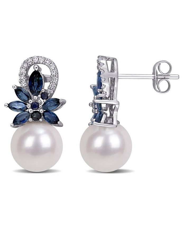 Macy's - Freshwater Cultured Pearl (9-9.5mm), Sapphire (1 5/8 ct. t.w.) and Diamond (1/8 ct. t.w.) Floral Earrings in 14k White Gold