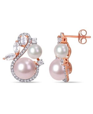 image of Freshwater Cultured Pearl (5.5-8.5mm), White Topaz (1 1/8 ct. t.w) and Diamond (1/3 ct. t.w.) Swan Earrings in 10k Rose Gold