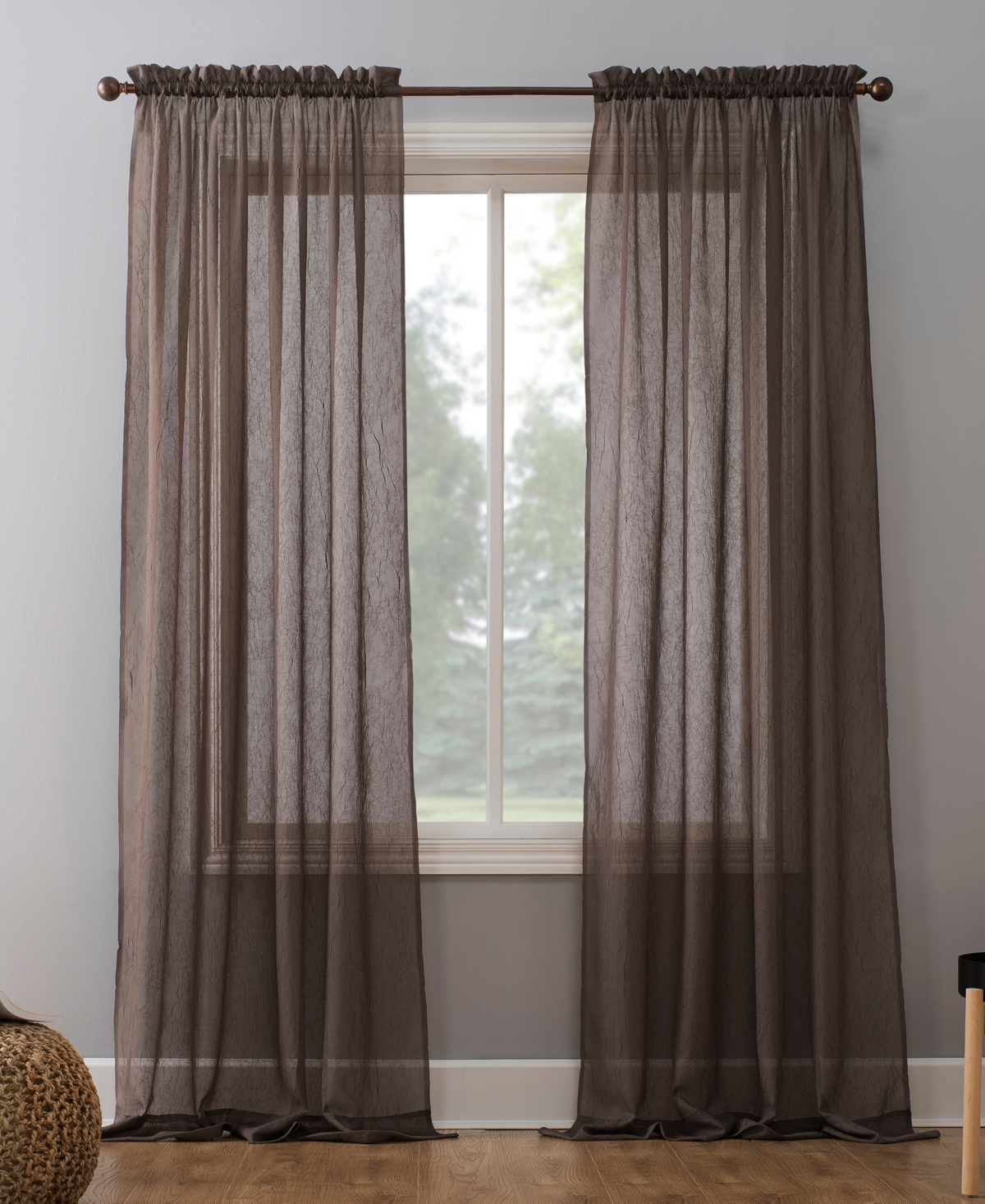 Crushed Sheer Voile Rod Pocket Curtain Panel - Sable