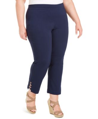 JM Collection - Plus Size Tummy Control Hardware-Trim Slim Ankle Pants