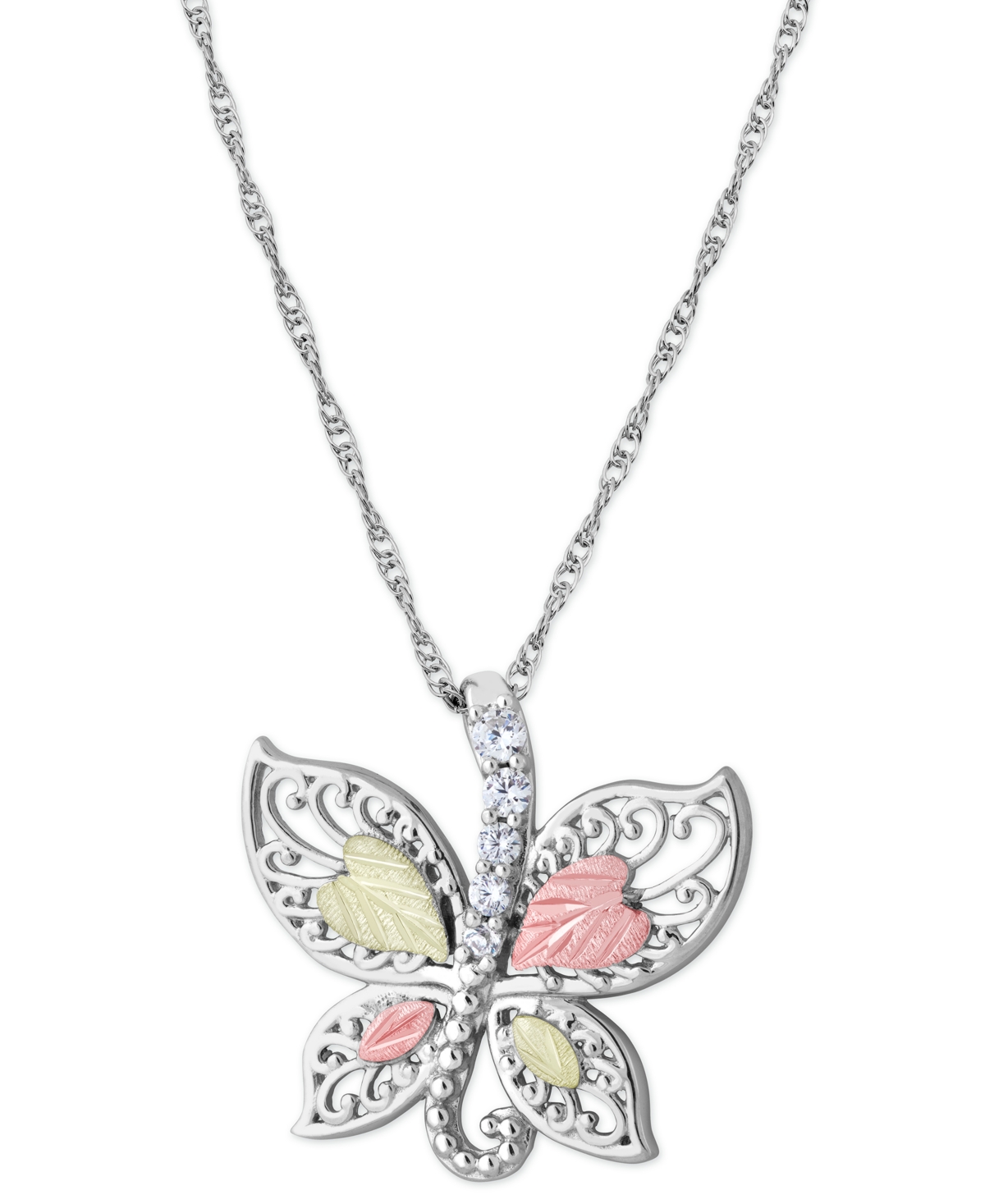 Cubic Zirconia Butterfly Pendant 18" Necklace in Sterling Silver with 12K Rose and Green Gold - Ss