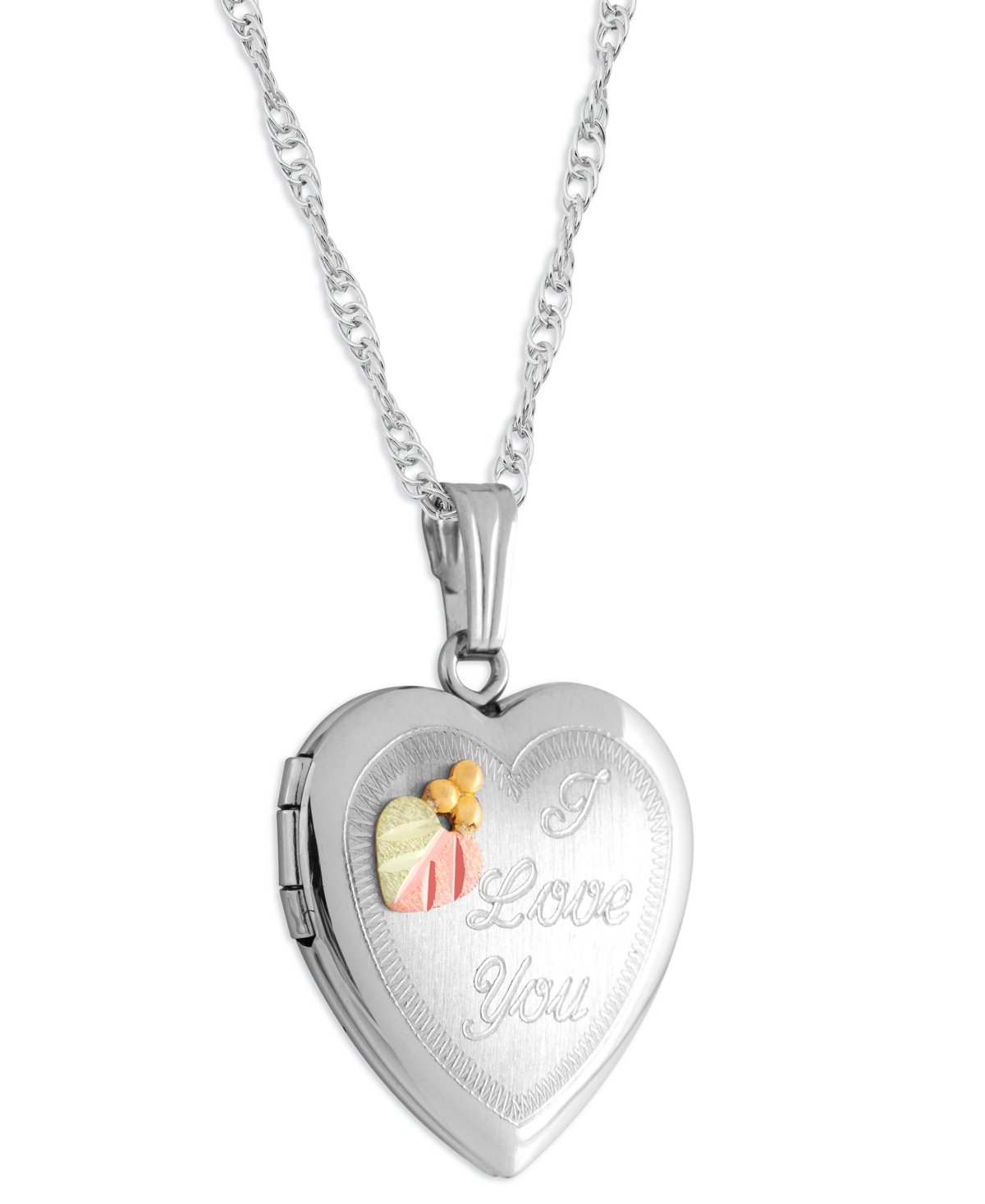 I Love You Heart Locket Pendant 18" Necklace in Sterling Silver with 12K Rose and Green Gold - Silver