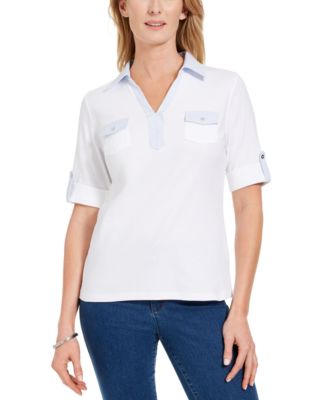 Karen Scott - Petite Cotton Contrast-Trim Johnny-Collar Top